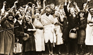 Mahatma Gandhi with Cheering Female Fans at Greenfield Mill, Darwen, Lancashire